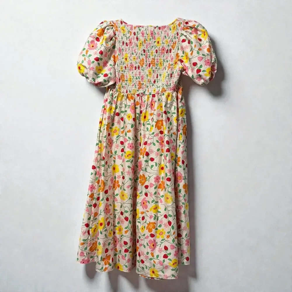 Kate Spade Dress Floral Midi Pink Yellow Puff Sleeve Cottagecore Coquette Size 4